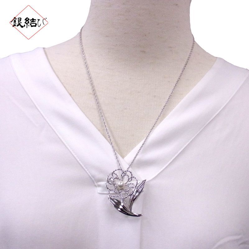 アコヤ真珠 パールブローチ 6-6.5mm ホワイト SV製 花 銀細工 銀結び