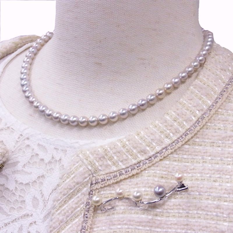 ビンテージ 真珠ネックレス イヤリング 6㎜ silver - アクセサリー