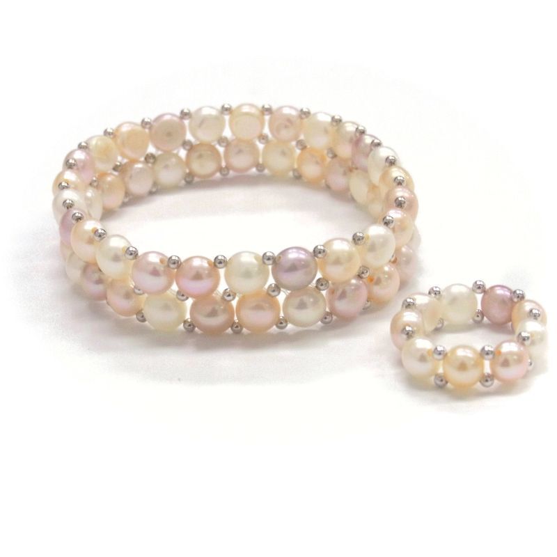 淡水真珠 パール2連ブレスレット リングセット フリーサイズ 白 ピンク